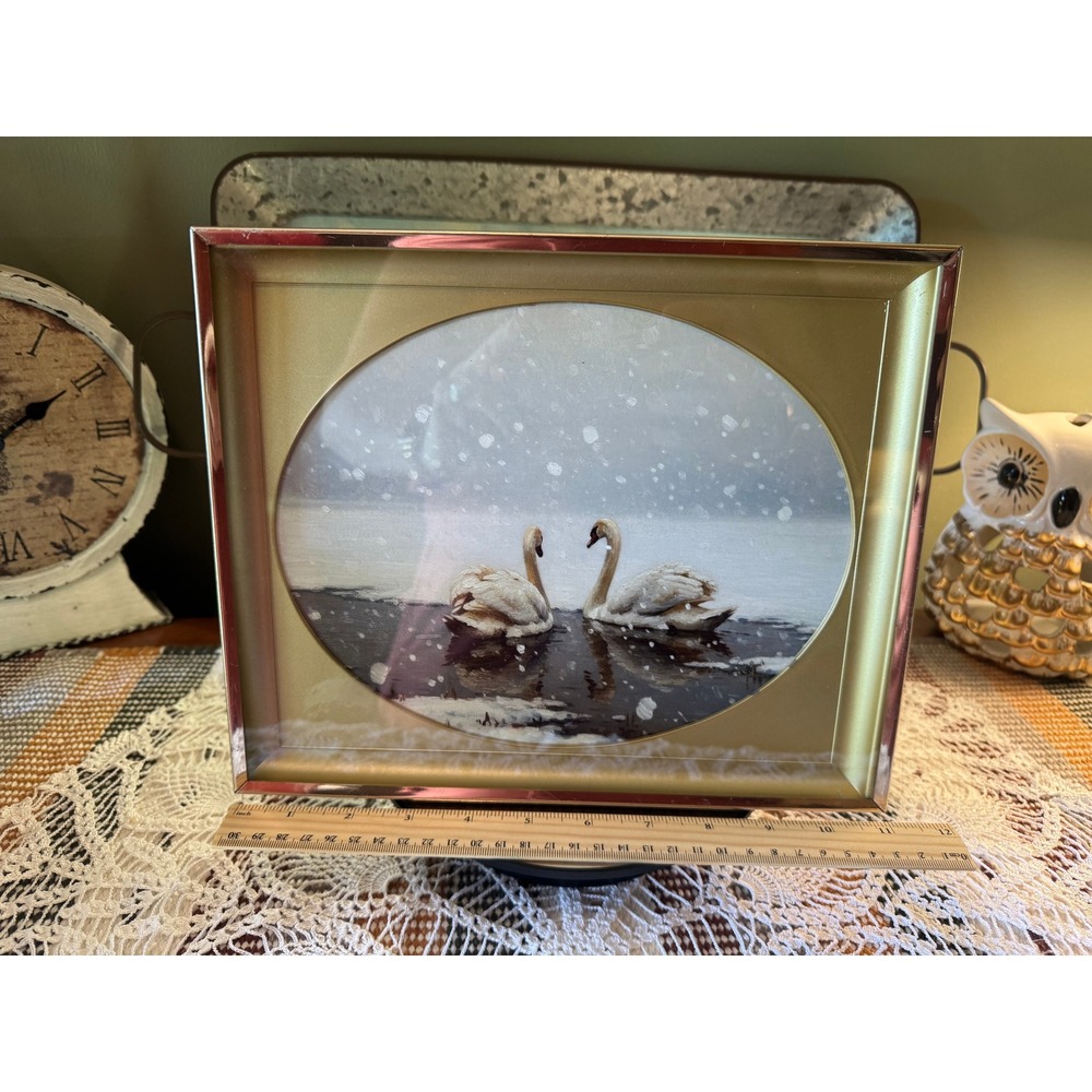 Vintage Winter Swans Framed Art Print Gold Tone Oval Mat 10x8 Winter Decor